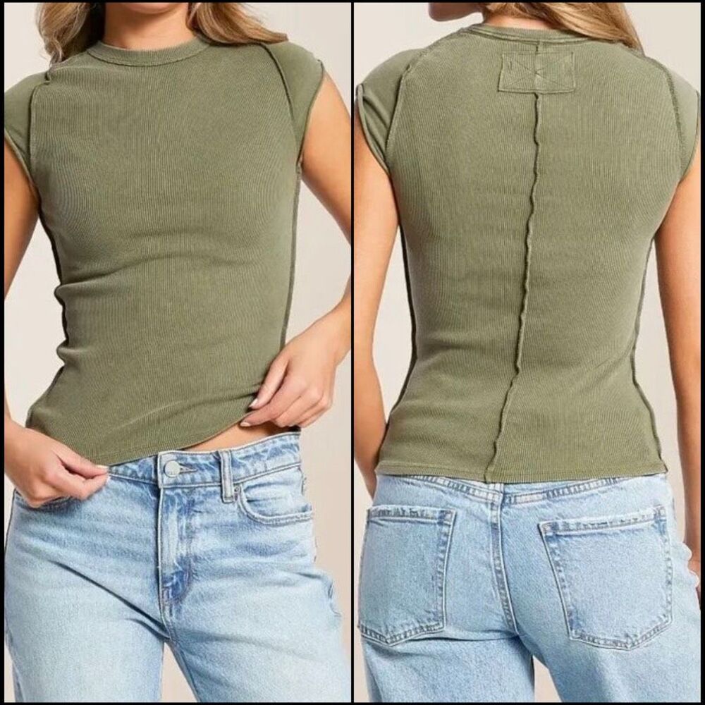 We The Free People Ever Had Tee Olive Green Cotton Blend shirt Women’s Medium NE - Picture 2 of 8